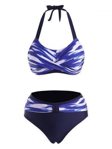 Twisted Tie Dye Belted Halter Bikini Swimwear - BLUE - S