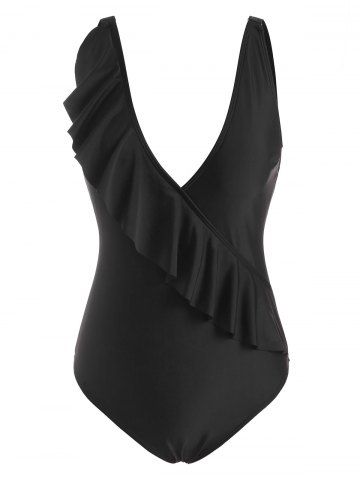 Plunge Ruffle High Leg One-piece Swimsuit - BLACK - S