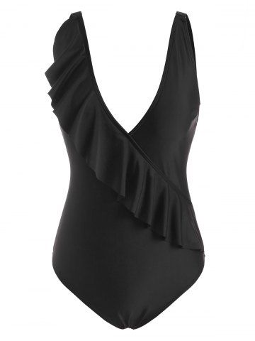 Plunge Ruffle High Leg One-piece Swimsuit - BLACK - L