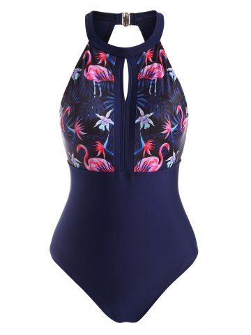 Cutout Flamingo Leaf One-piece Swimsuit - DEEP BLUE - S