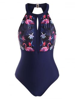 Cutout Flamingo Leaf One-piece Swimsuit - DEEP BLUE - S