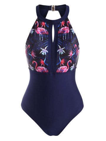 Cutout Flamingo Leaf One-piece Swimsuit - DEEP BLUE - M