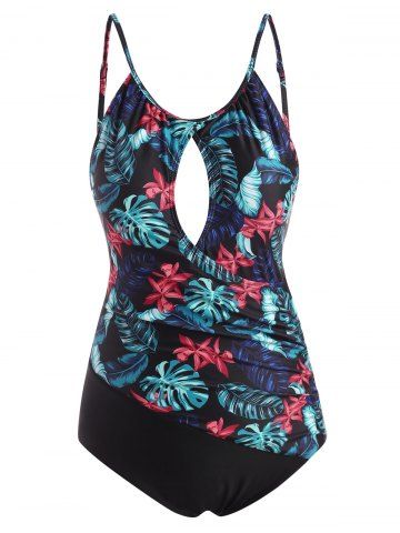 Cutout Tropical Print Surplice One-piece Swimsuit - MULTI - M