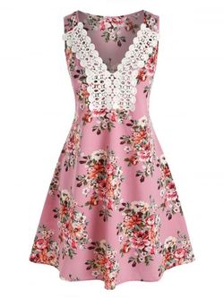 Floral Printed Embroidery Lace Cottagecore Dress - LIGHT PINK - 1X