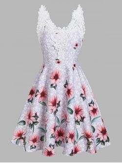 Lace Panel Floral Pattern Flare Mini Dress - LIGHT PURPLE - XL