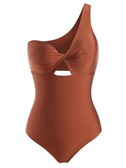 One Shoulder Twist Cutout Metallic One-piece Swimsuit - COFFEE - M