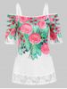 Cold Shoulder Flower Print Lace Insert Ripped T-shirt -  