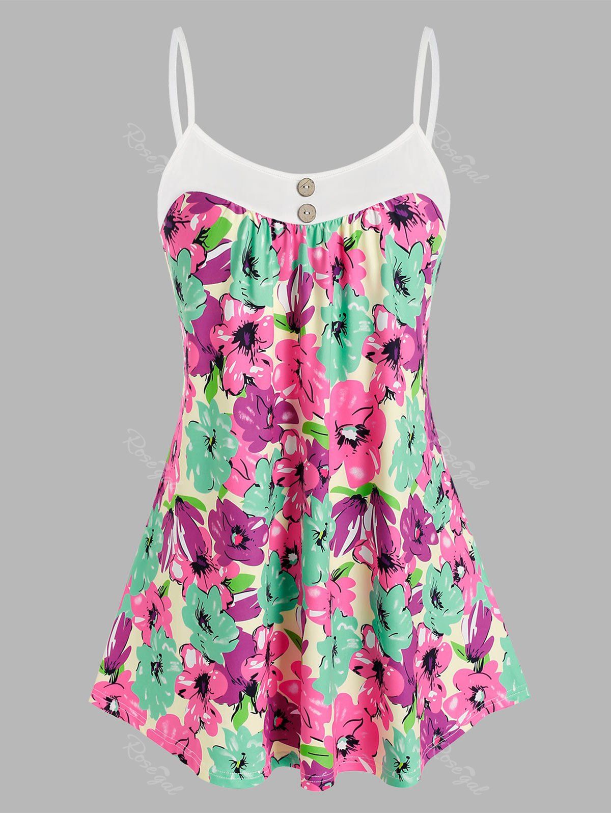 Cheap Plus Size Buttons Flower Pattern Cami Tank Top  