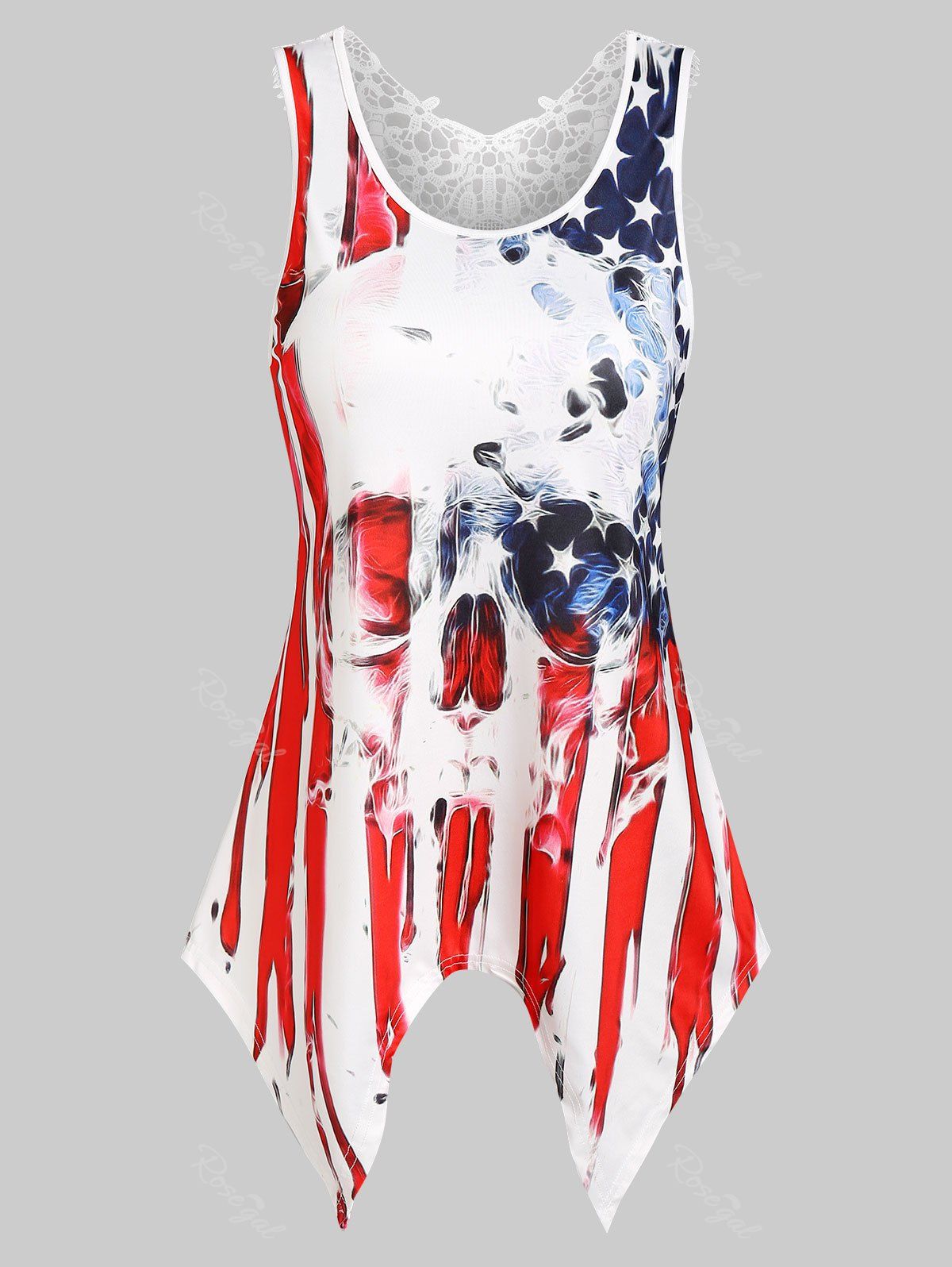 Discount American Flag Skull Print Lace Insert Handkerchief Tank Top  