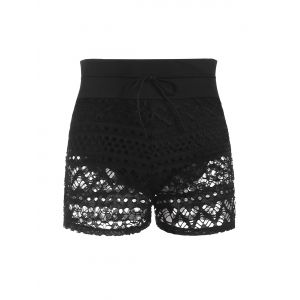 

Drawstring Crochet Panel Slit Swim Bottom, Black