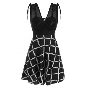 

Mesh Insert Plaid Tie Boyleg Skirted Tankini Swimwear, Black