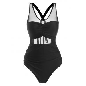 

Mesh Insert Cross Back Ruched One-piece Swimsuit, Black