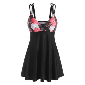 

Triple Strap Flower Print Boyleg Skirted Tankini Swimwear, Black