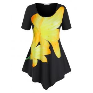 

Plus Size Flower Print Uneven Hem T Shirt, Black