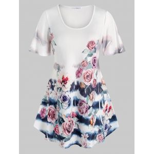 

Plus Size Flower Print Curved Hem Longline T Shirt, White