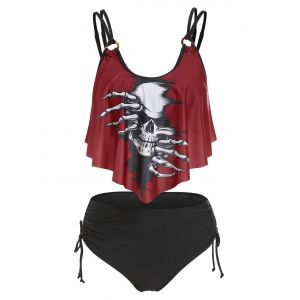 

Skull Print Cinched Strappy Tankini Set, Black