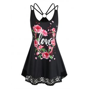 

Plus Size Valentine Flower Lace Hem Straps Ring Tank Top, Black