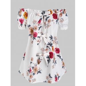 

Off The Shoulder Bowknot Detail Floral T-shirt, White