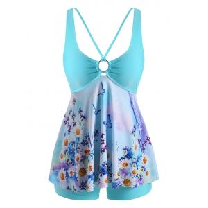 

Plus Size Daisy Floral Cutout Ring Boyshort Tankini Swimwear, Light blue