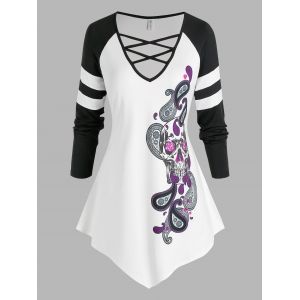 

Plus Size Skull Paisley Print Criss Cross Raglan Sleeve T Shirt, White