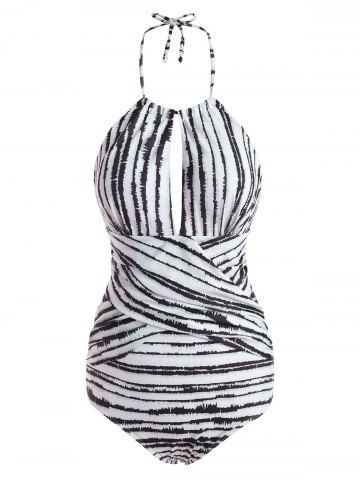 Cutout Striped Criss Cross One-piece Swimsuit - DARK GRAY - M