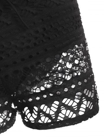 

Drawstring Crochet Panel Slit Swim Bottom, Black