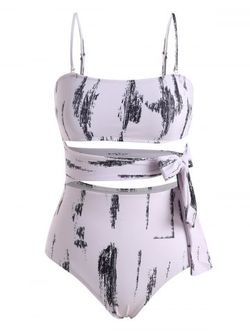 Abstract Print Cutout Waist Tie One-piece Swimsuit - WHITE - S
