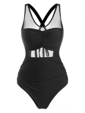 Mesh Insert Cross Back Ruched One-piece Swimsuit - BLACK - S