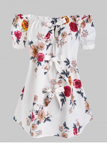 Off The Shoulder Bowknot Detail Floral T-shirt - WHITE - XXXL