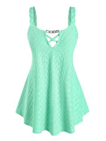 Plus Size & Curve Knitted Criss Cross Chain Embellished Tank Top - LIGHT GREEN - 3X