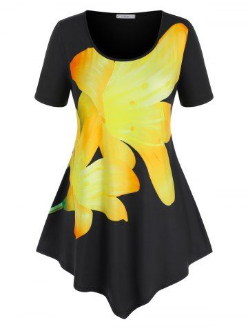 T-shirt à Imprimé Fleur de Grande Taille à Ourlet Asymétrique - BLACK - 4X