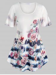 T-shirt Long à Imprimé Fleur de Grande Taille à Ourlet Courbe - Blanc 4X