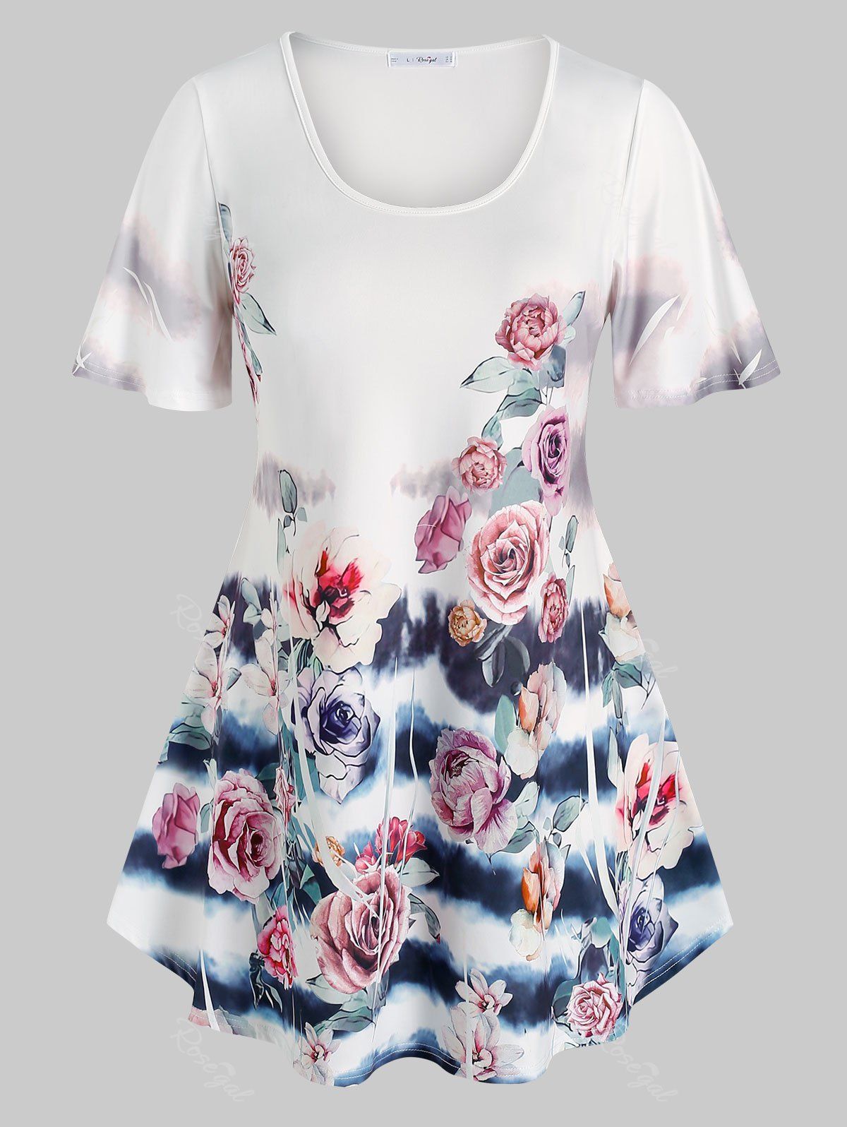 Trendy Plus Size Rose Print Curved Hem Longline T Shirt  