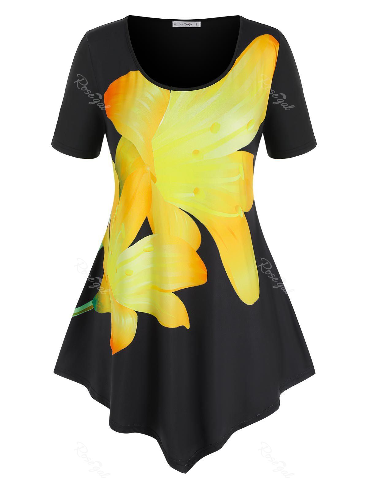 T-shirt à Imprimé Fleur de Grande Taille à Ourlet Asymétrique Noir 5X