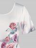 Plus Size Rose Print Curved Hem Longline T Shirt -  