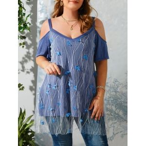 

Mesh Butterfly Applique Cold Shoulder Plus Size Top, Blue