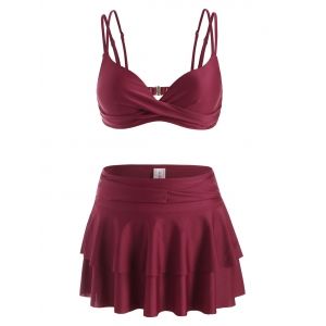 

Underwire Twist Detail Tiered Flounce Three Piece Swimsuit, Deep red