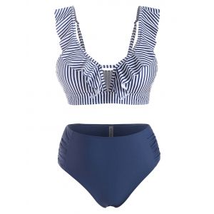 

Plus Size Ruffle Striped Ruched Full Coverage Bikini Swimwear, Deep blue