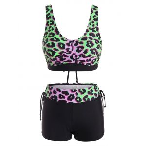 

Leopard Twist Lace-up Boyshorts Tankini Swimwear, Black