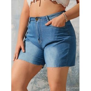 

High Waisted Raw Hem Plus Size Denim Shorts, Blue