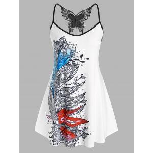 

Plus Size Printed Crochet Butterfly Back Tank Top, White