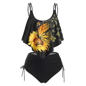 

Sunflower Butterfly Print Cinched Flounce Overlay Tankini Swimwear, Black