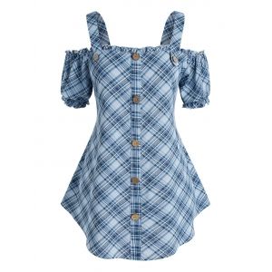 

Plus Size Plaid Button Up Puff Sleeve Blouse, Blue