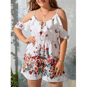 

Plus Size Floral Print Cold Shoulder Tie Front Ruffle Romper, White