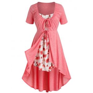 

Plus Size Tie Front High Low T Shirt with Flower Print Camisole, Light pink