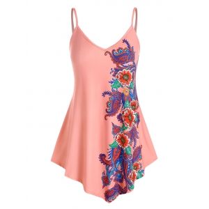 

Plus Size Flower Print Backless Uneven Hem Camisole, Light orange