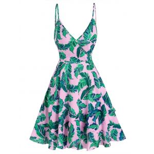 

Palm Leaves Print Flounced Overlap Cami Dress, Pink