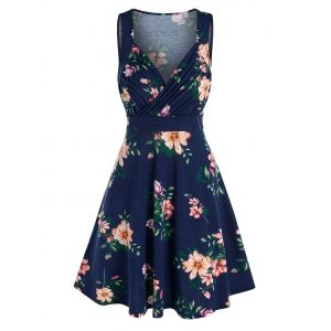 

Sleeveless Floral Print Surplice Dress, Deep blue