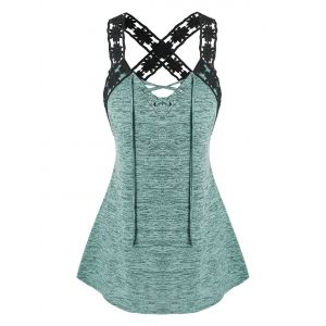 

Plus Size Floral Laced Strap Marled Tank Top, Deep green