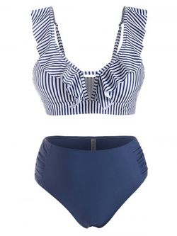 Plus Size Ruffle Striped Ruched Full Coverage Bikini Swimwear - DEEP BLUE - 5X